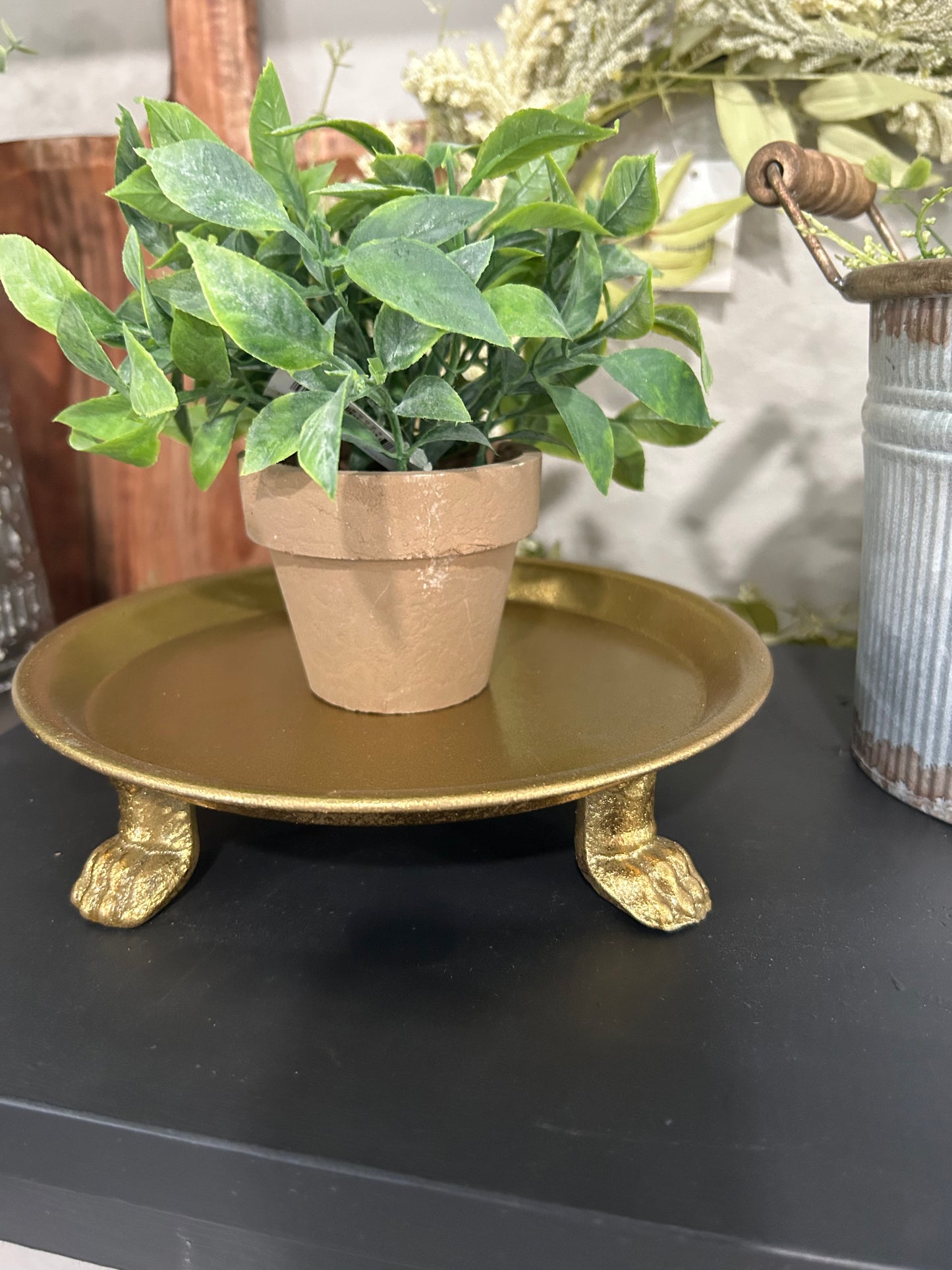 Pewter Round Claw Foot Riser/Dish with Gold Leaf