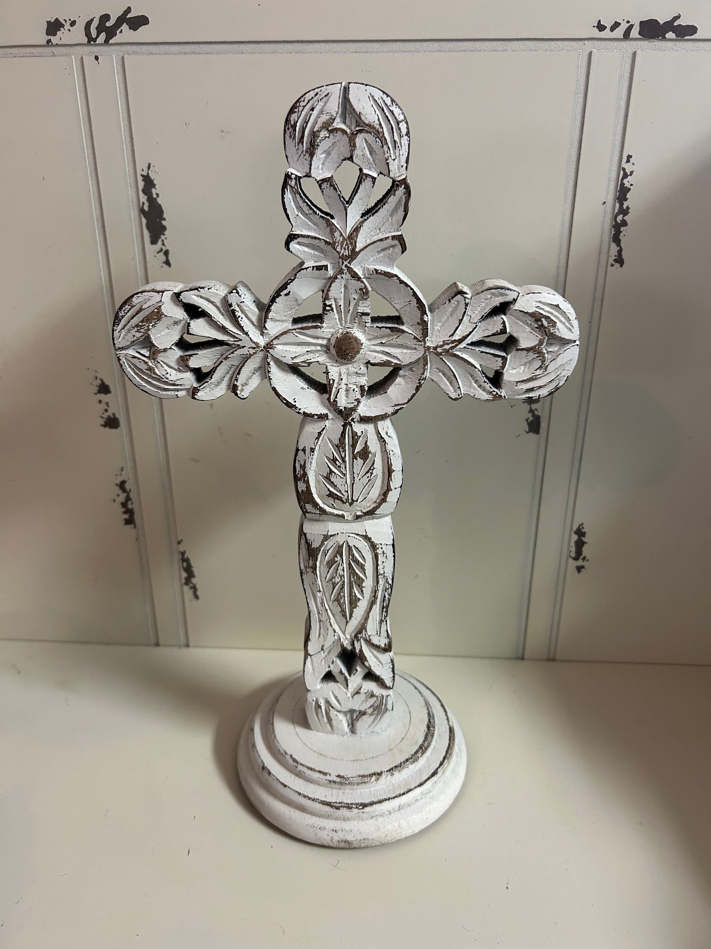 Hand Carved White Wooden Cross/round circle